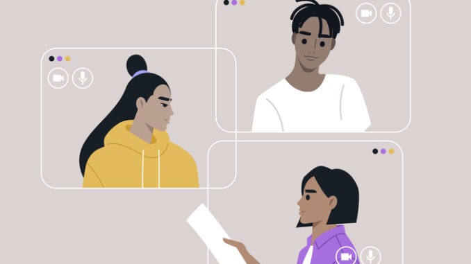 Three distinct window frames showcase participants in a virtual gathering, each engaged in thoughtful discussion and interaction, fostering a sense of community online