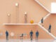 Business People walking up stairs – 3D Rendering of Teamwork and Effort in financial world
