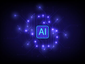 Glowing AI processor chip with neon circuit network on dark background, artificial intelligence technology concept, digital data processing, machine learning and futuristic computing system.
