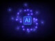 Glowing AI processor chip with neon circuit network on dark background, artificial intelligence technology concept, digital data processing, machine learning and futuristic computing system.
