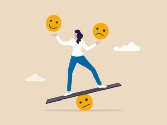 Emotional intelligence, balance emotion control feeling between work stressed or sadness and happy lifestyle concept, mindful calm woman using her hand to balance smile and sad face.