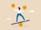 Emotional intelligence, balance emotion control feeling between work stressed or sadness and happy lifestyle concept, mindful calm woman using her hand to balance smile and sad face.