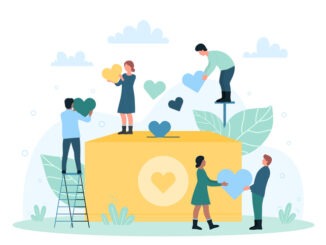 Charity, support and help from community. Cartoon tiny people hold hearts near donation box, group of volunteers give money and assistance flat vector illustration. Awareness, fund, solidarity concept