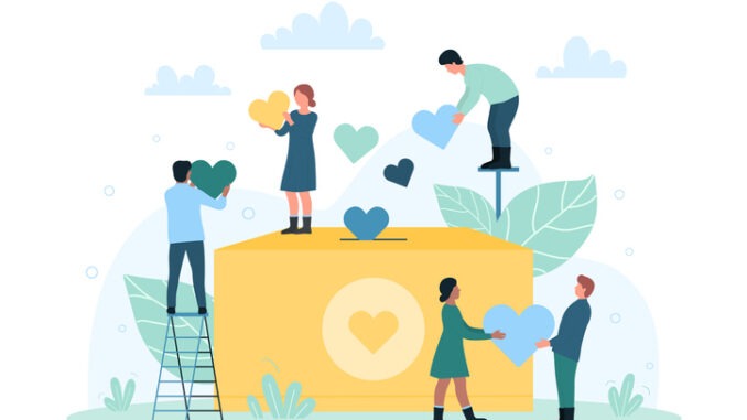 Charity, support and help from community. Cartoon tiny people hold hearts near donation box, group of volunteers give money and assistance flat vector illustration. Awareness, fund, solidarity concept