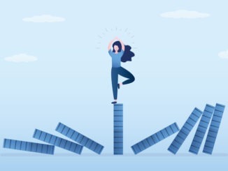 Risk management. Economic crash, financial collapse. Businesswoman meditating for relax. Reduce stress and eliminate distraction. Confident woman meditating with yoga pose on standing domino. Vector