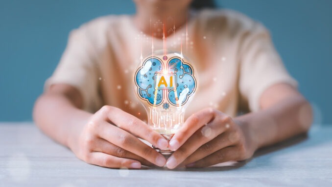 Girl holding light bulb with virtual Artificial Intelligence and virtual digital brain. AI Technology. Searching information data on internet networking, intelligence technology concept.