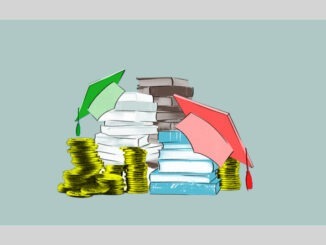 Stack of books with stack of gold coins and black graduation cap on top on blue background. Contemporary art collage. Value of education. Concept of finances, knowledge, achievement