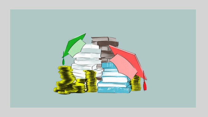 Stack of books with stack of gold coins and black graduation cap on top on blue background. Contemporary art collage. Value of education. Concept of finances, knowledge, achievement