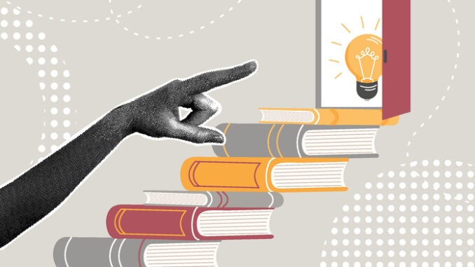 Trendy halftone collage. Path to enlightenment. Books lead to a bright future through education and knowledge. Learning concept for new opportunities,wisdom,knowledge,education,open the door to success. Vector illustration.