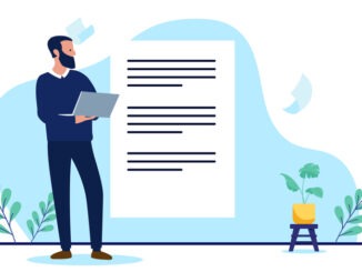 Businessman with laptop showing contract, legal agreement, paperwork, or important policy on white paper. Flat design vector illustration