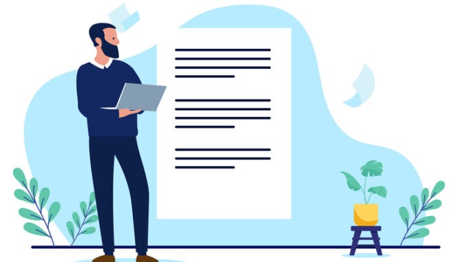 Businessman with laptop showing contract, legal agreement, paperwork, or important policy on white paper. Flat design vector illustration