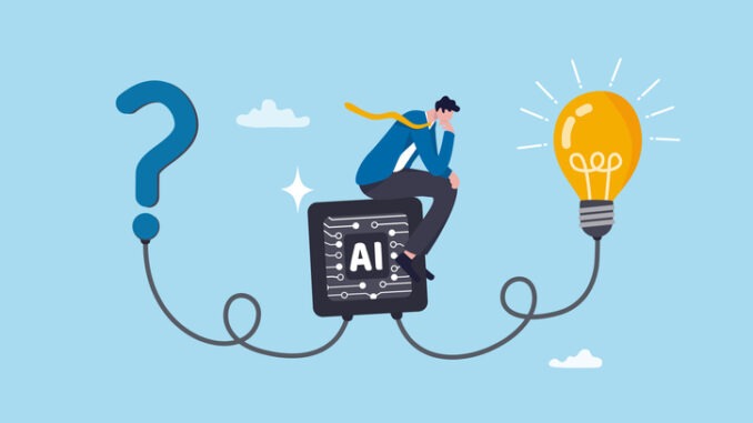 Artificial Intelligence, AI to help solving problem, innovation to develop idea, solution or automation, AI support or advice concept, businessman on AI chip help solving problem with lightbulb idea.