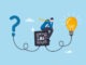 Artificial Intelligence, AI to help solving problem, innovation to develop idea, solution or automation, AI support or advice concept, businessman on AI chip help solving problem with lightbulb idea.