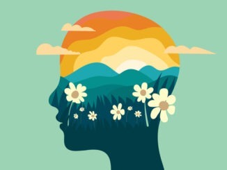 Mental health mind with sunrise mountains and flowers head silhouette vector illustration