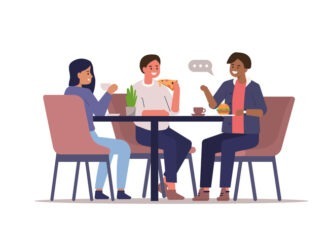 Friends sitting in Cafe and Talking. Girl And Boys Drinking Coffee and Eating. Young People Characters spending Time Together. Flat Cartoon Vector Illustration.