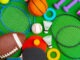 Composition of various sport equipment for fitness and games. Close up.