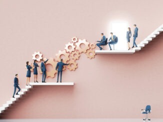 Business people presenting a new startup idea in financial sector to investors. Businessman rolls gears. Abstract environment with stairs, business concept 3D rendering