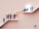 Business people presenting a new startup idea in financial sector to investors. Businessman rolls gears. Abstract environment with stairs, business concept 3D rendering