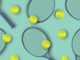 Tennis racket and ball horizontal banner on green background. Classic tennis game, class or match concept. Sport design for cover, advertisement, poster, app, web.