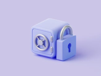 Safe and padlock, symbolizing security, protection, and data privacy, on a light purple background. 3D render illustration