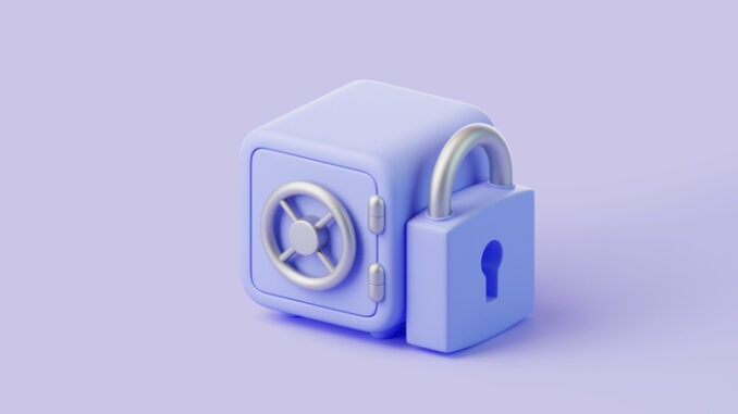 Safe and padlock, symbolizing security, protection, and data privacy, on a light purple background. 3D render illustration
