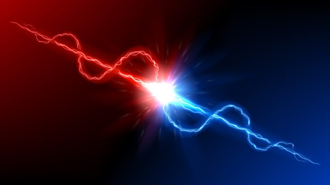 Dynamic red and blue lightning discharge. Powerful dual-energy concept with red and blue lightning bolts and bright energy explosion. Vector illustration.