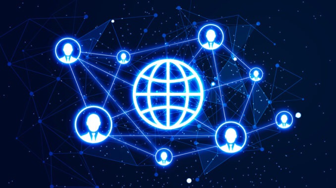 Profile connected to the network. Illustration concept of people's data on the internet with futuristic glowing symbol, plexus lines, and glitter particles