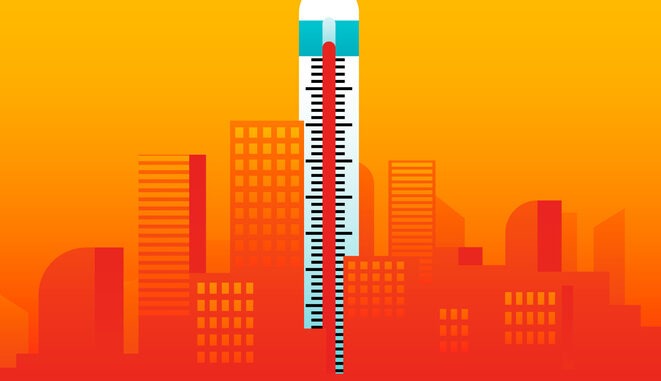 Hot day in the city with a thermometer placed like a building. Summer, heatwave in the city and high temperatures concept. Abstract city skylines. Vector illustration