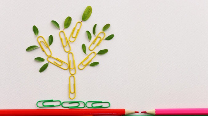 paper clips in the shape of a tree. concept of education, creativity, and growth