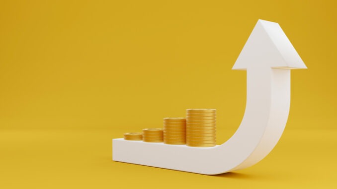 Arrow sign growth moving up and gold coin stack on yellow background. Concept of save money increase and investment growing. 3d illustration