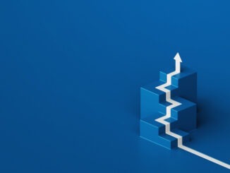 White arrow flows on cube stair shape against blue backdrop, business way concept, minimal style, 3d rendering