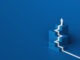 White arrow flows on cube stair shape against blue backdrop, business way concept, minimal style, 3d rendering