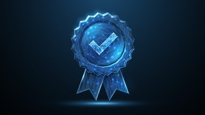 Quality icon on blue background. Star award, satisfaction icon, customer feedback, excellent service, gold ribbon, best reputation, client opinion, success concept, certified, achievement quality.