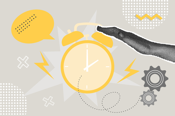 Half-tone collage. A hand stops the alarm clock ringing. Time, Time, Hurry. Vector business concepts for graphic and web design, business presentations, marketing and print materials, social media. Vector illustration