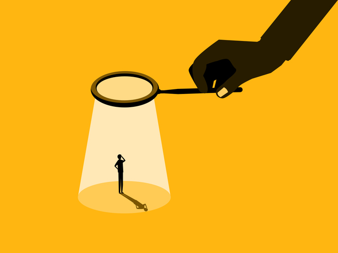 Finding New Employees. Big Hands with Magnifying Glass Recruiting People. vector